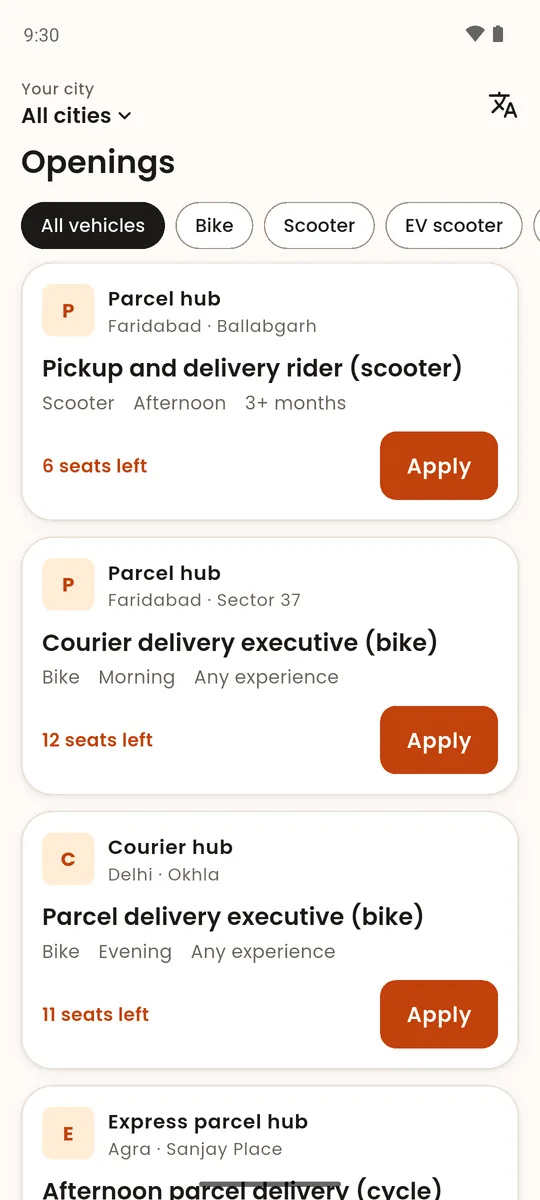 The RiderBridge app on a phone: a list of delivery openings to apply to.
